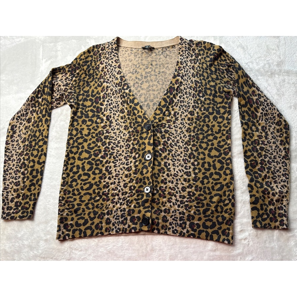 Talbots Leopard Print Cardigan Sweater Women's Medium Cotton Wool Blend SN 2395‎